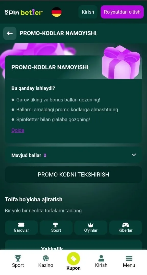 SpinBetter promo kodi — hisob ochish anketasidagi kod maydoni